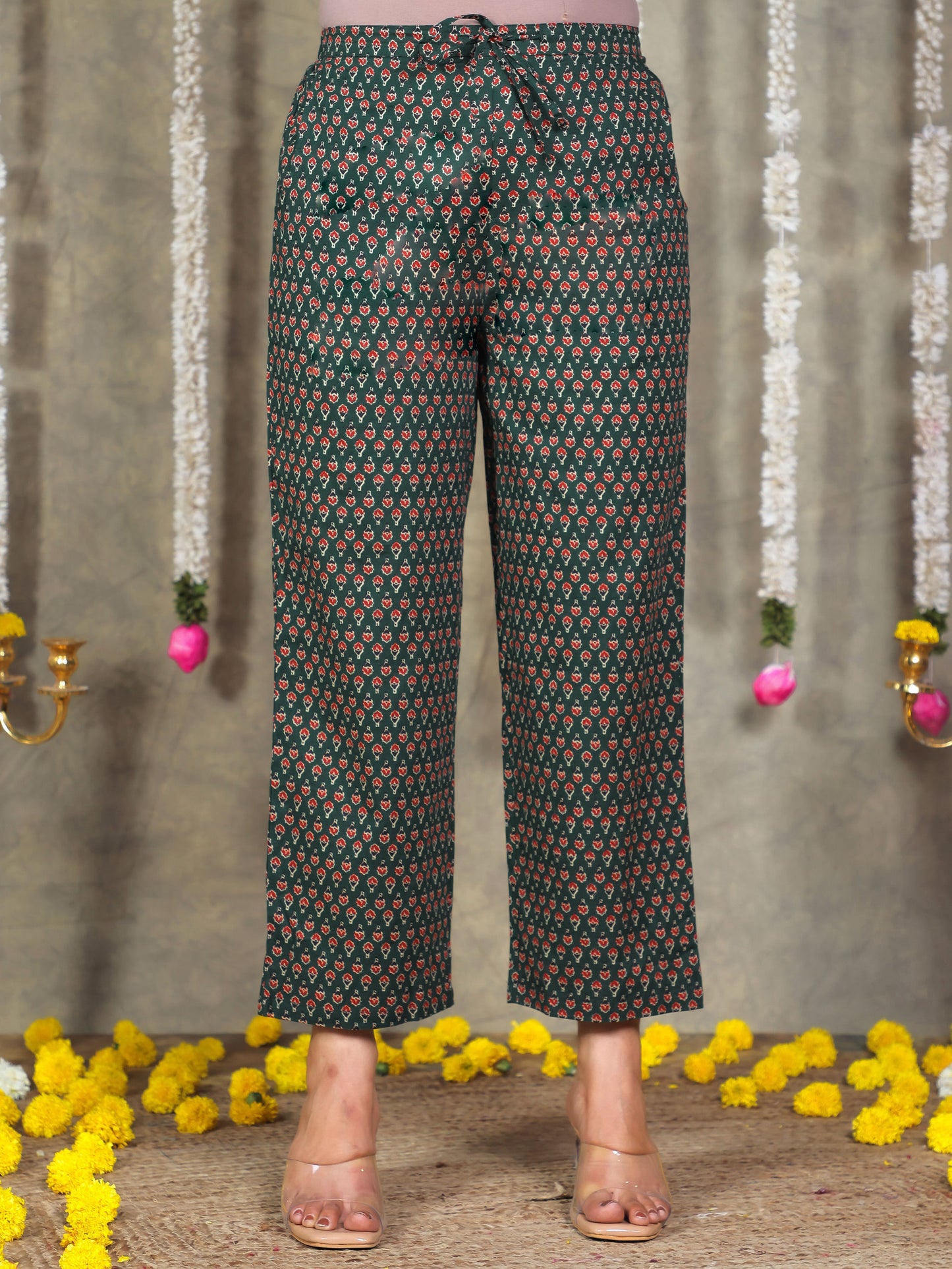 Embroidered Soft Cotton Block Print A-line Green Kurta