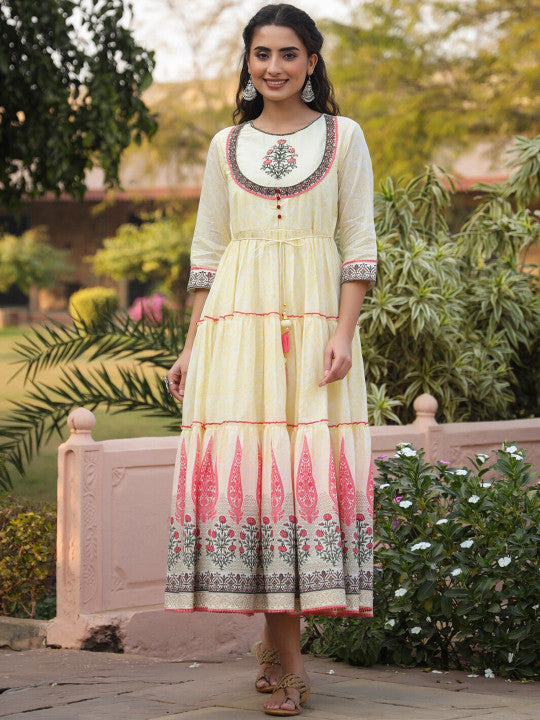 Printed Cotton Tiered Maxi-Length Ethnic Dresses