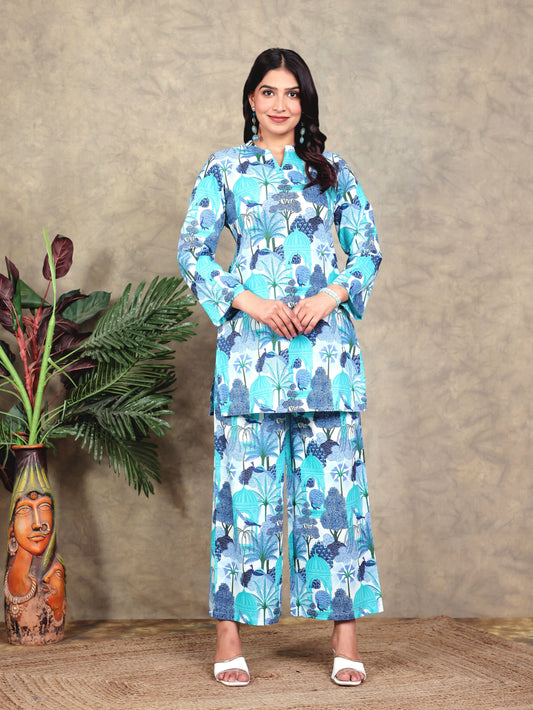 Soft Cotton Conversational Straight Blue Kurta