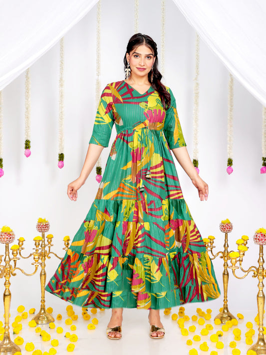 Embroidered Lurex Cotton Foliage A-line Multicolor Dress