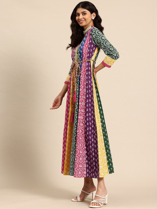 anayna Floral Printed A-Line Maxi Ethnic Dress With Belt