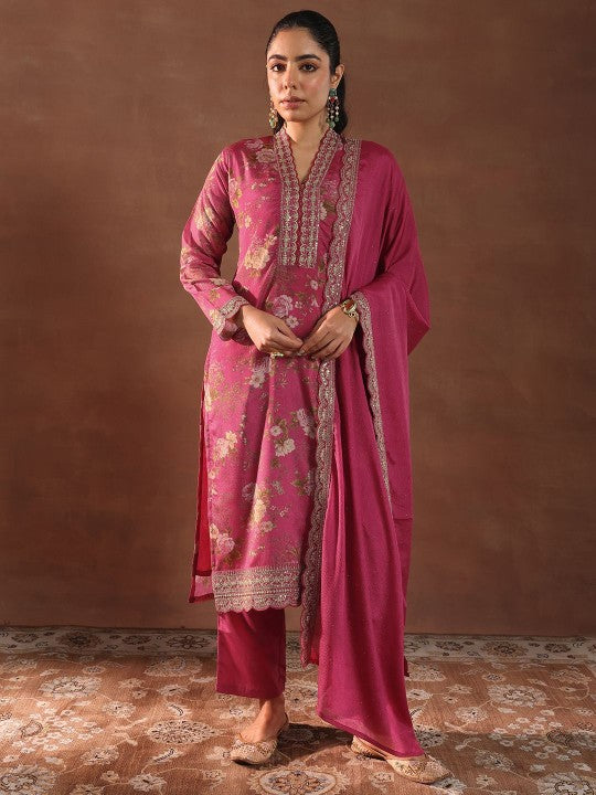 Floral Printed V-Neck Thread Work Kurta
