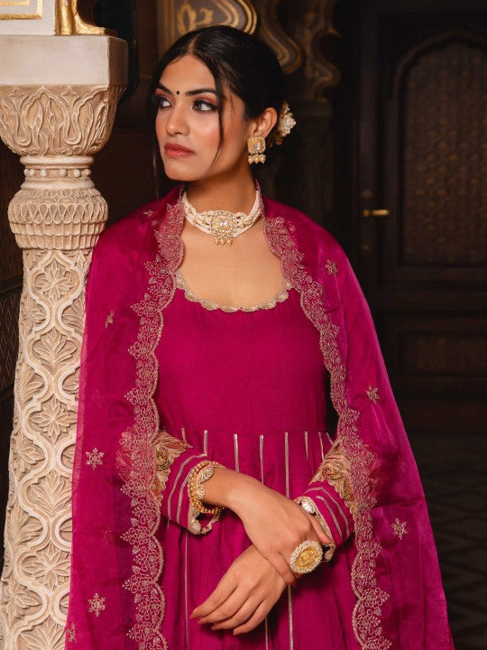Calmna Gotta Patti Panelled Anarkali Kurta with Trousers & Dupatta
