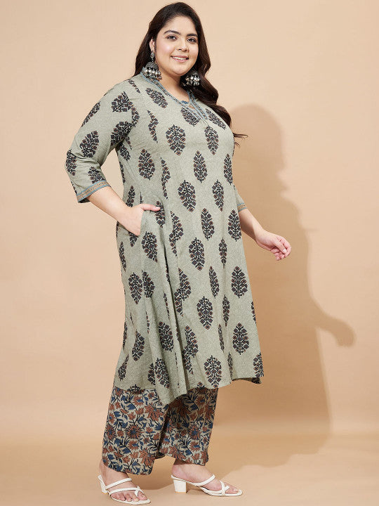 Vbuyz Grey Floral Printed V-Neck Regular Straight Kurta With Palazzos With Dupatta