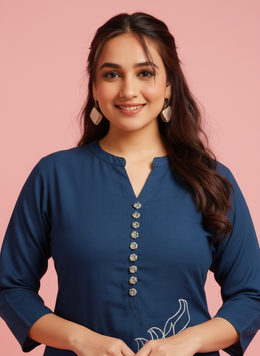Embroidered Linen Cotton Solid Straight Teal Kurta
