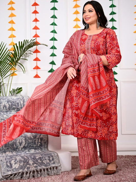Swasti Plus Size Floral Printed Regular Pure Cotton Kurta With Trousers & Dupatta