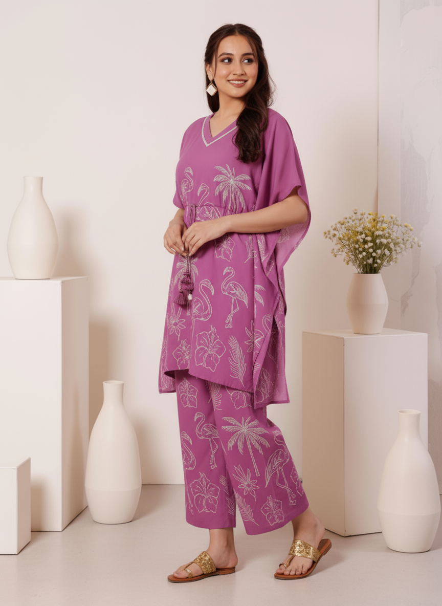 Soft Cotton Placement Print Kaftan Purple Kurta