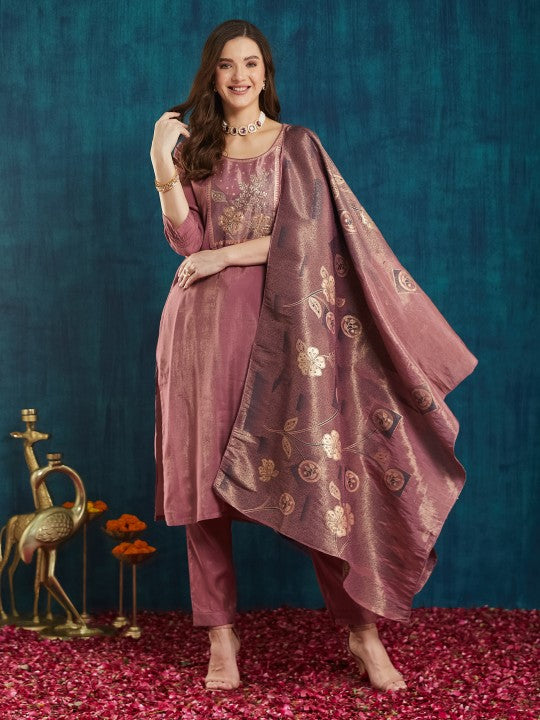 Floral Yoke Design Beads and Stones Pure Silk Kurta