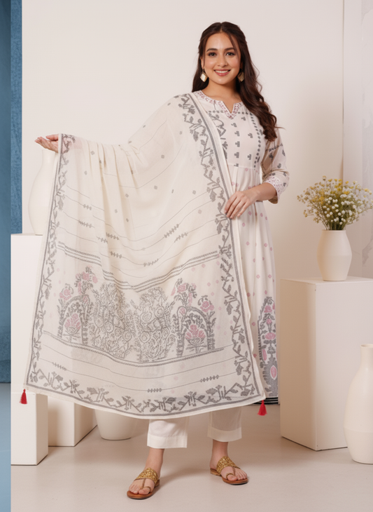 Embroidered Soft Cotton Geometric Anarkali Cream Kurta