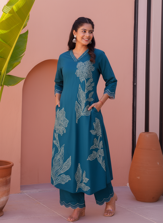 Embroidered Roman silk Placement Print A-line Teal Kurta