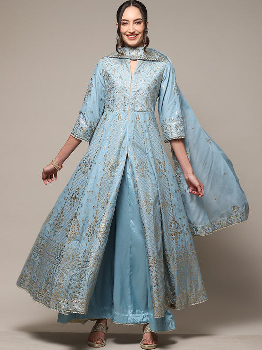 Biba Ethnic Motifs Embroidered High Slit Kurta With Palazzos & Dupatta