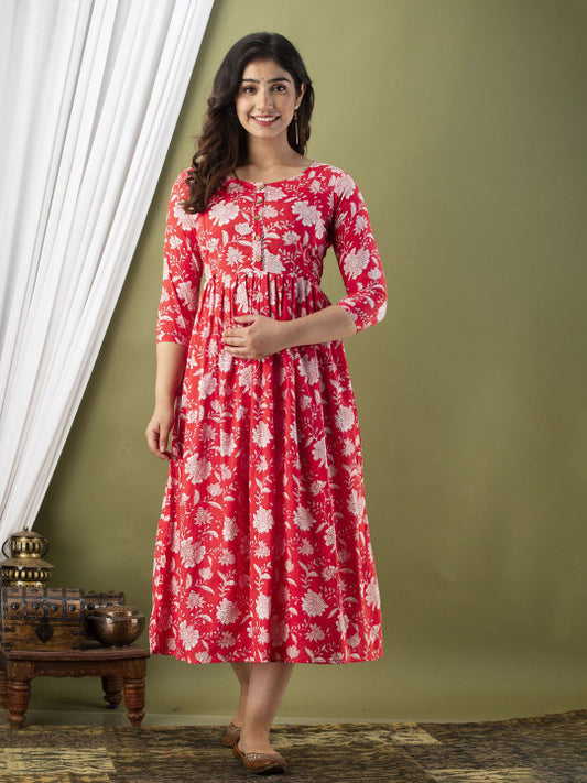 Ashvy Floral Printed Cotton Maternity Ethnic Dress
