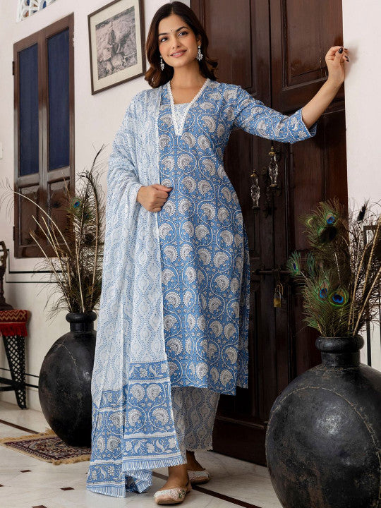 Indo Era Floral Printed Pure Cotton Kurta With Trousers & Dupatta