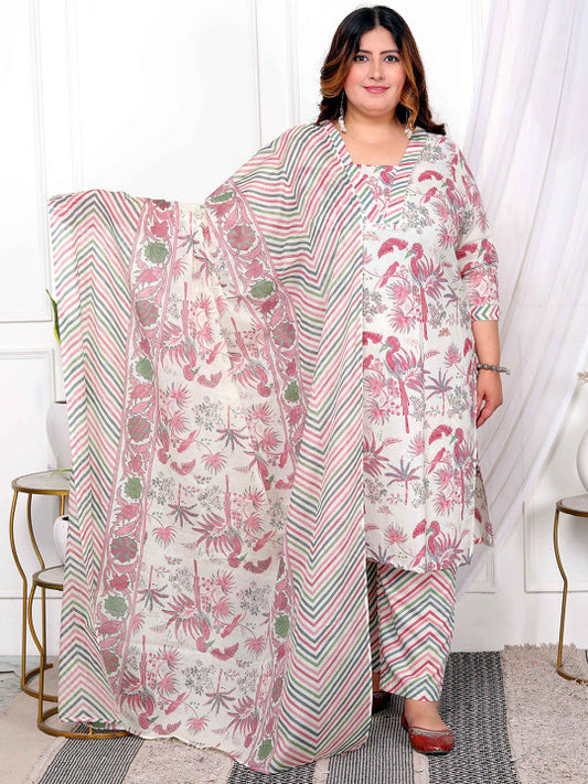 Doriyaan Plus Size Floral Printed V-Neck Pure Cotton Kurta With Trousers And Dupatta