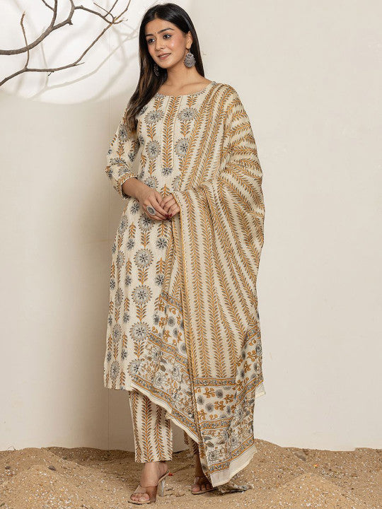Yufta Round Neck Floral Printed Regular Gotta Patti Pure Cotton Straight Kurta Set