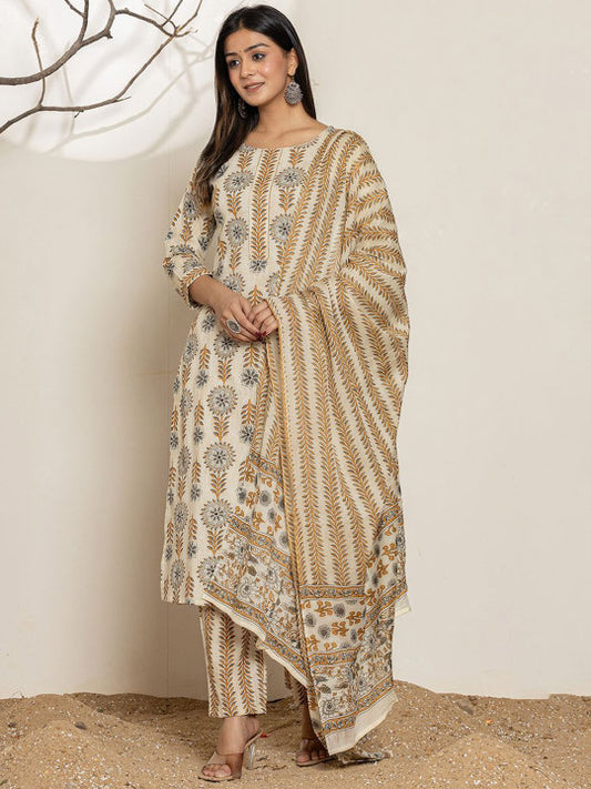 Yufta Round Neck Floral Printed Regular Gotta Patti Pure Cotton Straight Kurta Set