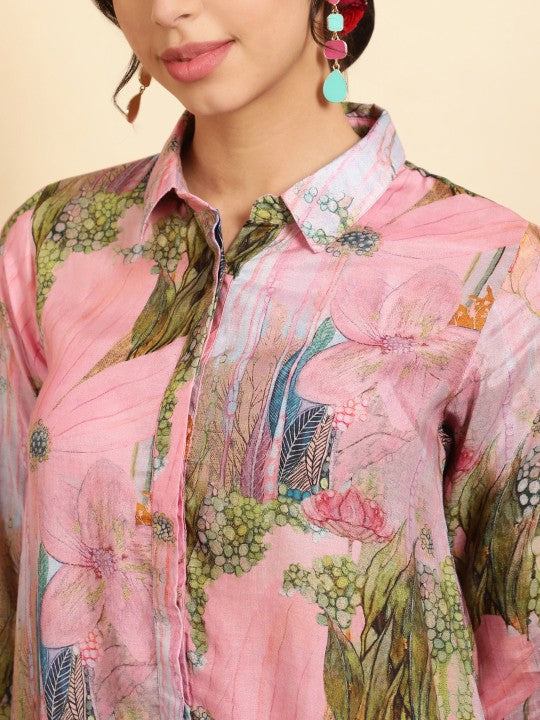 Jaipur Kurti Printed Shirt Collar Tunic & Trousers