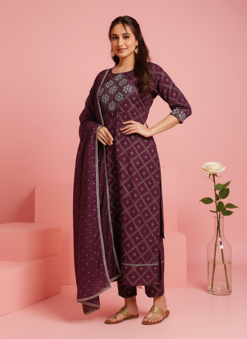Embroidered Roman silk Bandhani Anarkali Purple Kurta