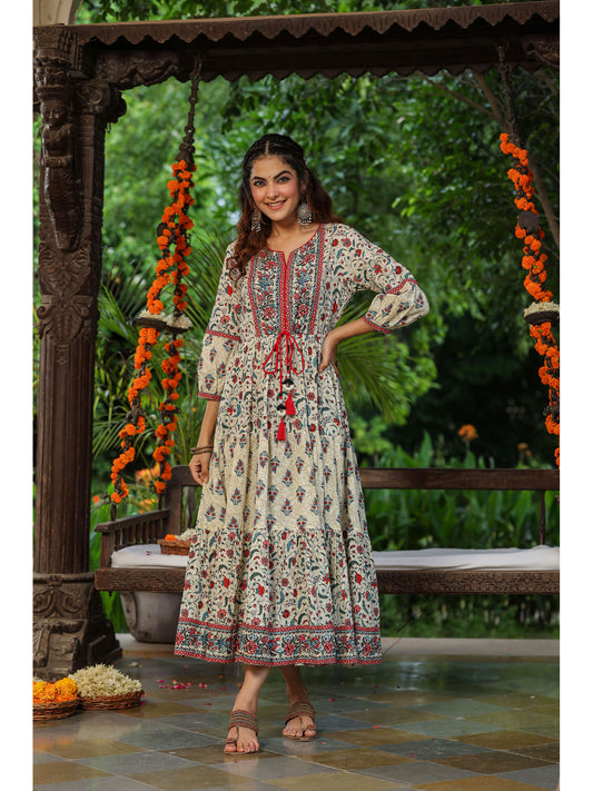Women Cream Ethnic Motif Printed Sequinned Fit &amp; Flare Maxi Ethnic Dress