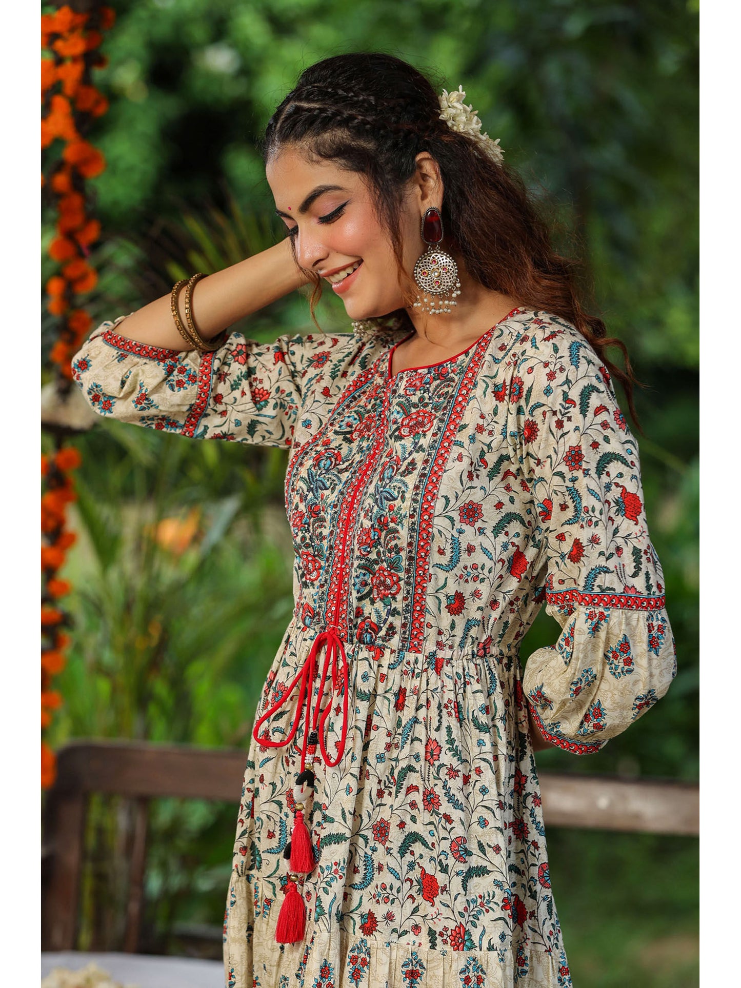 Women Cream Ethnic Motif Printed Sequinned Fit &amp; Flare Maxi Ethnic Dress