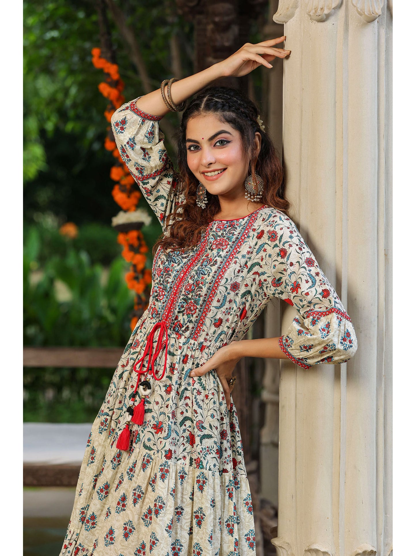 Women Cream Ethnic Motif Printed Sequinned Fit &amp; Flare Maxi Ethnic Dress
