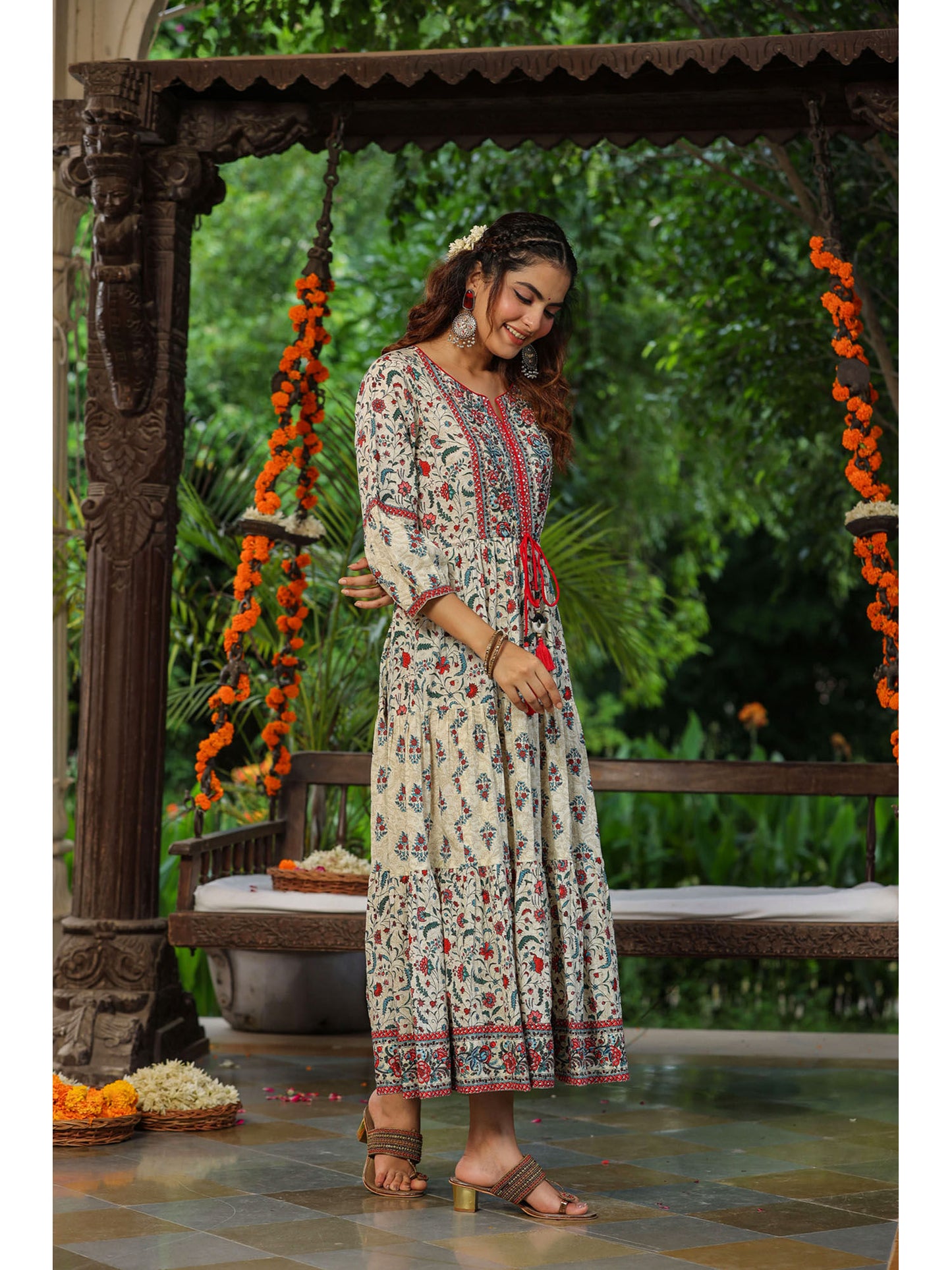 Women Cream Ethnic Motif Printed Sequinned Fit &amp; Flare Maxi Ethnic Dress