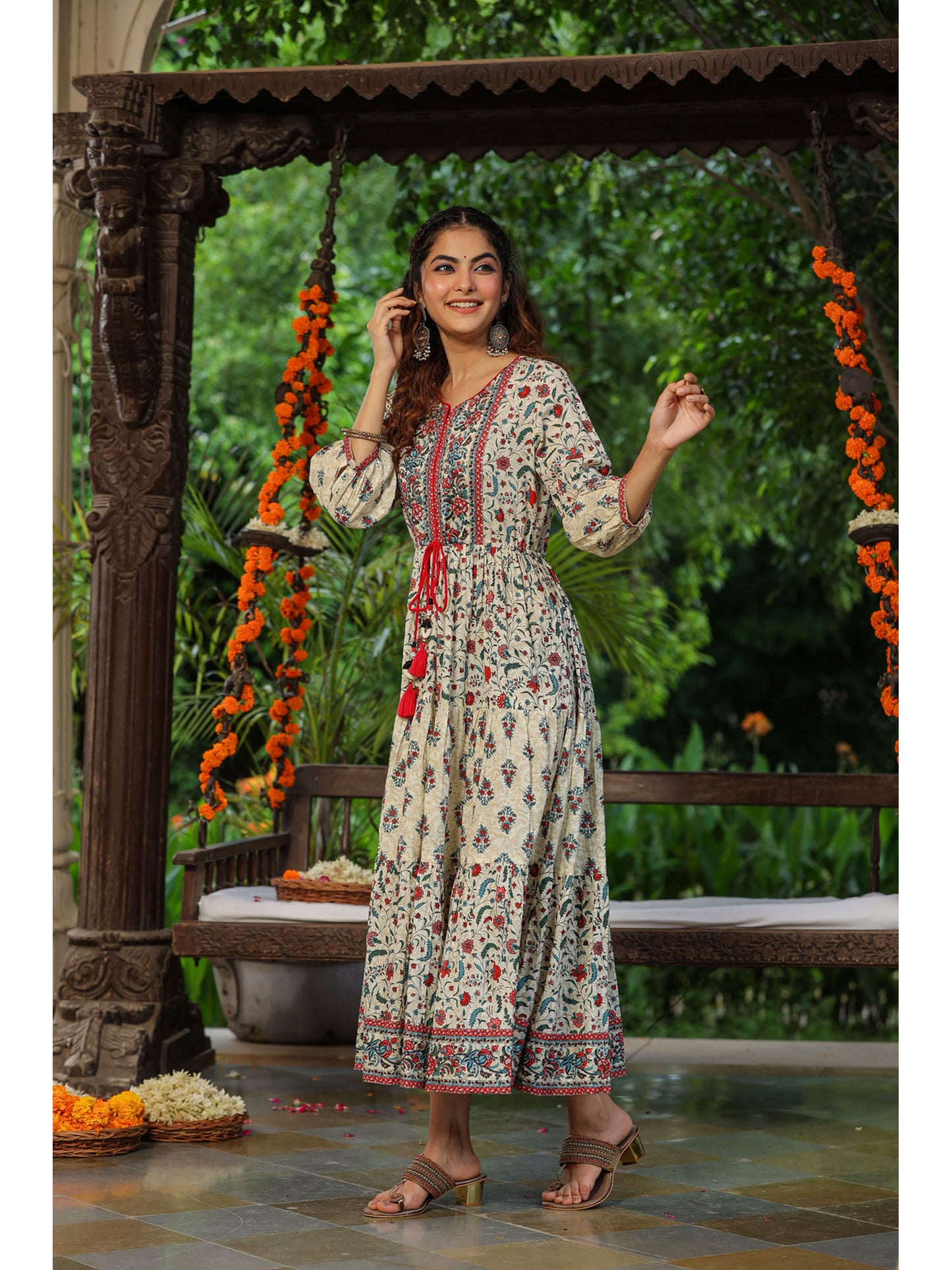 Women Cream Ethnic Motif Printed Sequinned Fit &amp; Flare Maxi Ethnic Dress