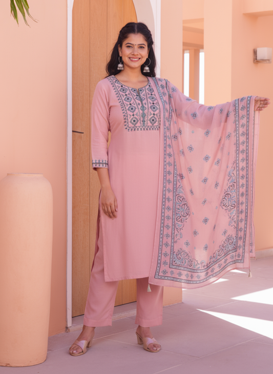 Embroidered Linen Cotton Solid Straight Peach Kurta