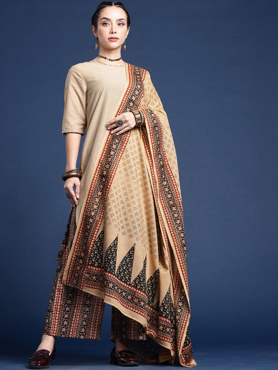 Taavi Bagru Ethnic Motifs Printed Pure Cotton Kurta with Trousers & Dupatta