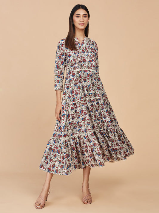 Floral Printed Tiered Gathered Linen A-Line Ethnic Dress