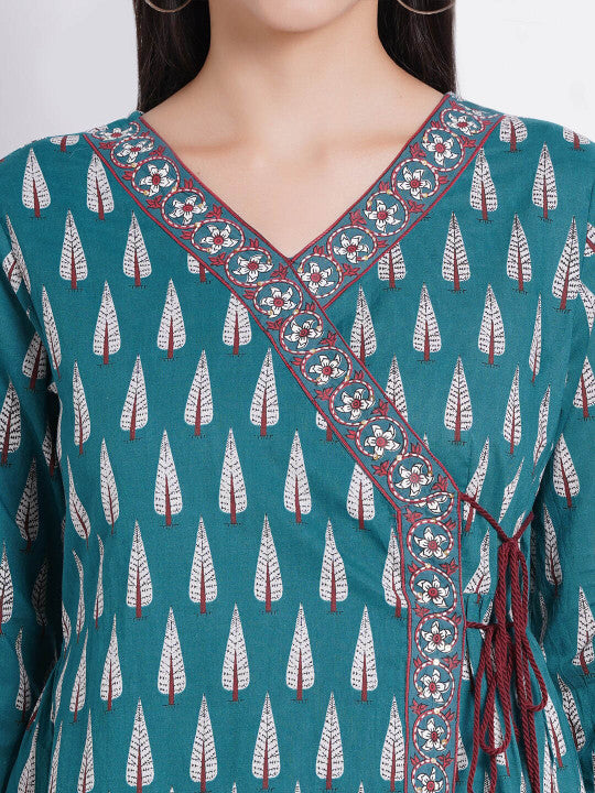 SUTI Ethnic Motifs Printed Sequinned Angrakha Cotton Ethnic Dress