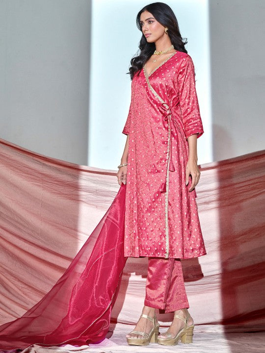 Floral Woven Design Angrakha V-Neck Sequinned A-Line Kurta