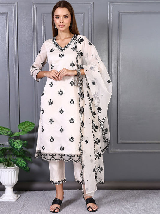 W Women Floral Embroidered V-Neck Regular Straight Kurta Trousers With Dupatta