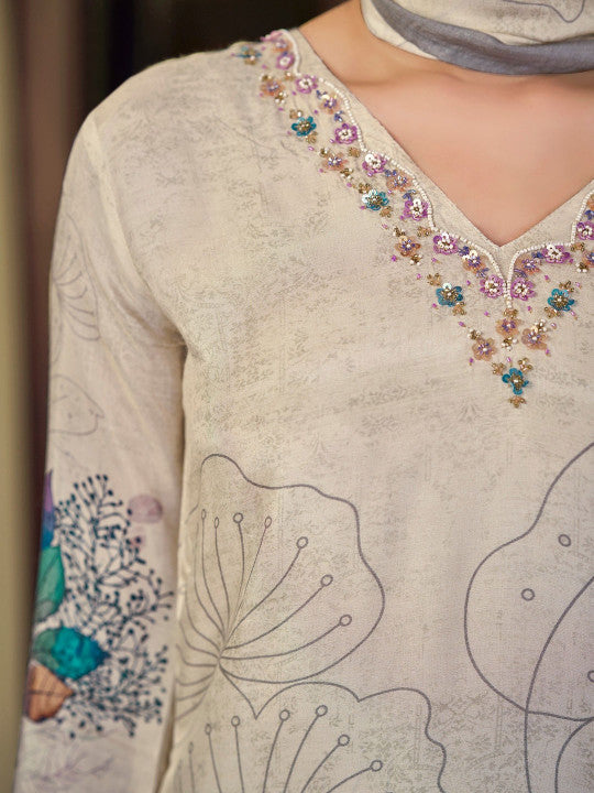 AVITRA Women Floral Printed Beads and Stones Kurta with Trousers & Dupatta