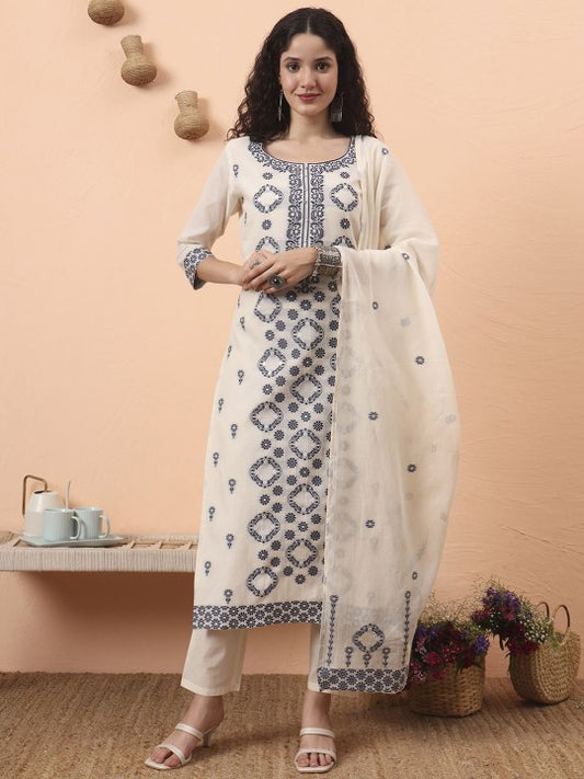 Yufta Floral Embroidered Pure Cotton Round Neck Straight Kurta With Trousers And Dupatta