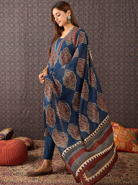 Indo Era Women Ajrakh Printed Straight Kurta Trousers With Dupatta Set