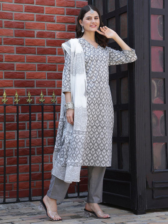 Taavi Floral Hand Block Print V-Neck Pure Cotton Kurta With Trousers & Dupatta