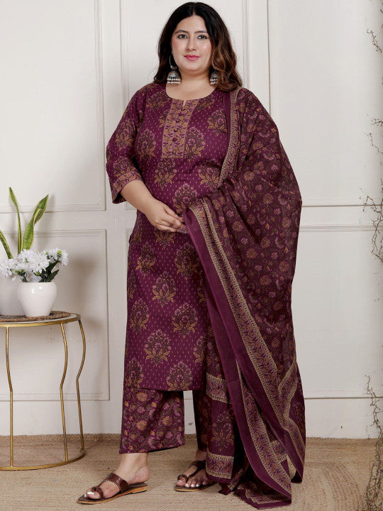 Swasti Women Cotton Maroon Ethnic Motifs Printed Regular Kurta Set