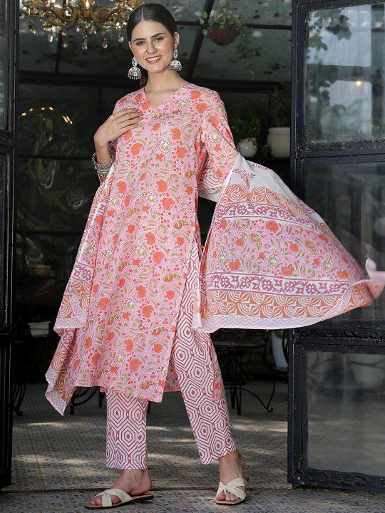 Taavi Floral Hand Block Print Pure Cotton V-Neck Straight Kurta With Trouser & Dupatta
