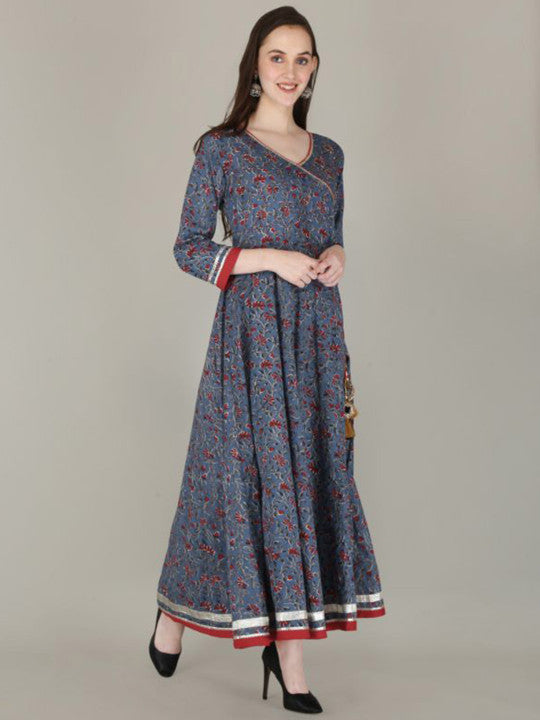 Floral Printed V-Neck Cotton Fit and Flare Maxi Ethnic Dress