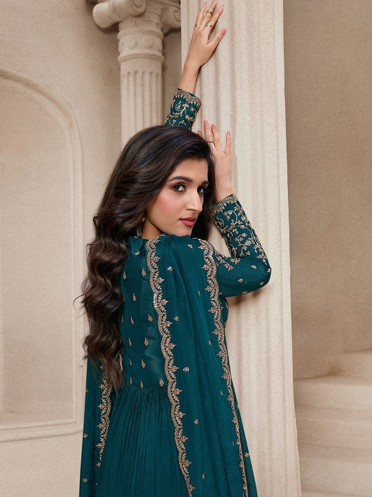 Trendmalls Women Ethnic Motifs Embroidered Pleated Sequinned Silk Chiffon Kurta