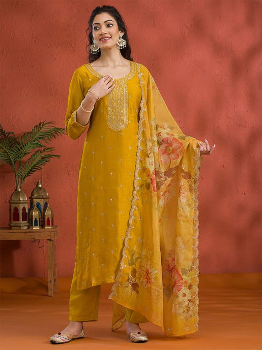 Floral Yoke Design Sequinned Straight Kurta