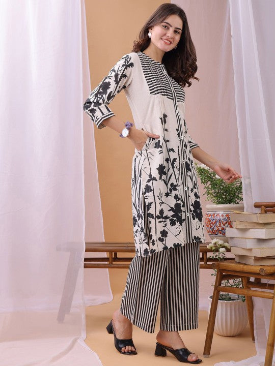 Printed Mandarin Collar Neck Tunic With Trousers Co-Ords