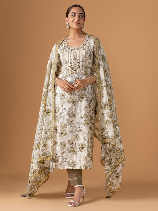 WOMEN PLUS Floral Printed Thread Work Pure Cotton Kurta With Trousers & Dupatta