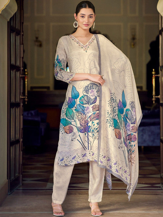 AVITRA Women Floral Printed Beads and Stones Kurta with Trousers & Dupatta