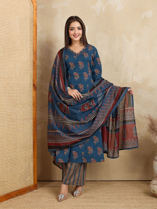 BEYOND ETHNIC Women Floral Printed A-Line Cotton Kurta with Palazzos with Dupatta