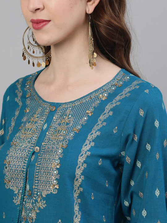 Ishin Women Teal Blue Embroidered Kurta with Sharara & Dupatta