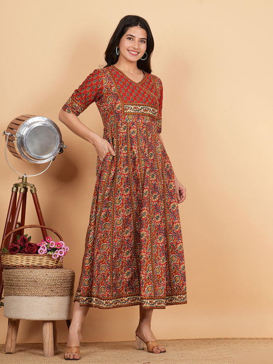 Vbuyz Floral Printed Cotton V-Neck Anarkali Kurta