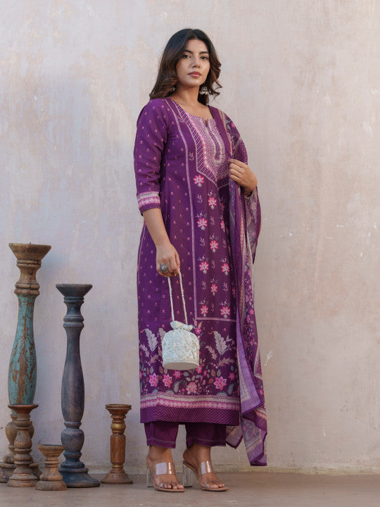 Floral Printed Straight Kurta With Trousers And Dupatta