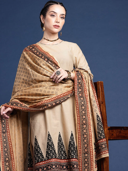 Taavi Bagru Ethnic Motifs Printed Pure Cotton Kurta with Trousers & Dupatta